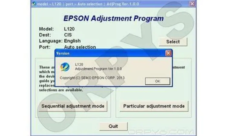 Tampilan antarmuka Epson Adjustment Program L120