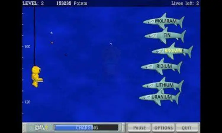 Gameplay Typer Shark menunjukkan hiu dengan kata-kata di tubuhnya