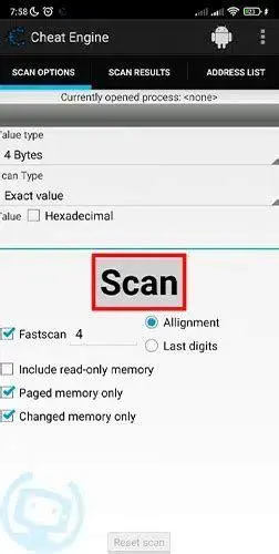 Scanning Memory Cheat Engine Proses pemindaian nilai pada Cheat Engine Android