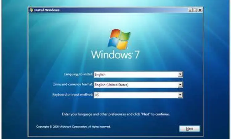 Tampilan layar proses instalasi Windows 7