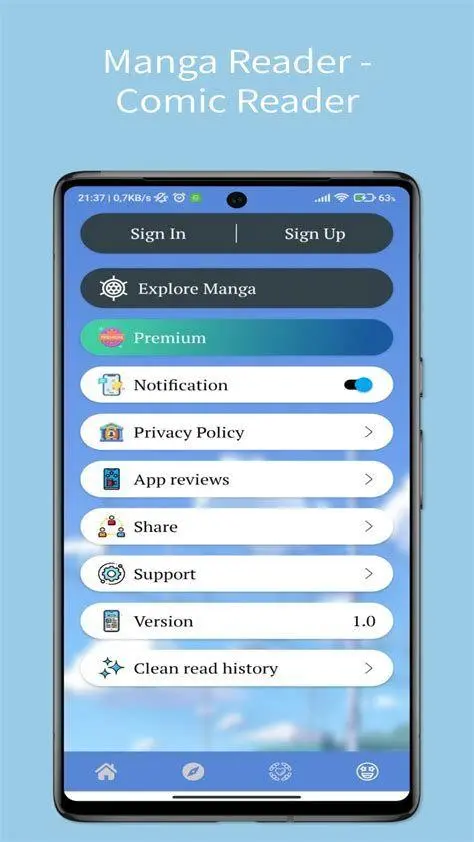 Membaca Manga di Smartphone Antarmuka aplikasi baca manga di smartphone