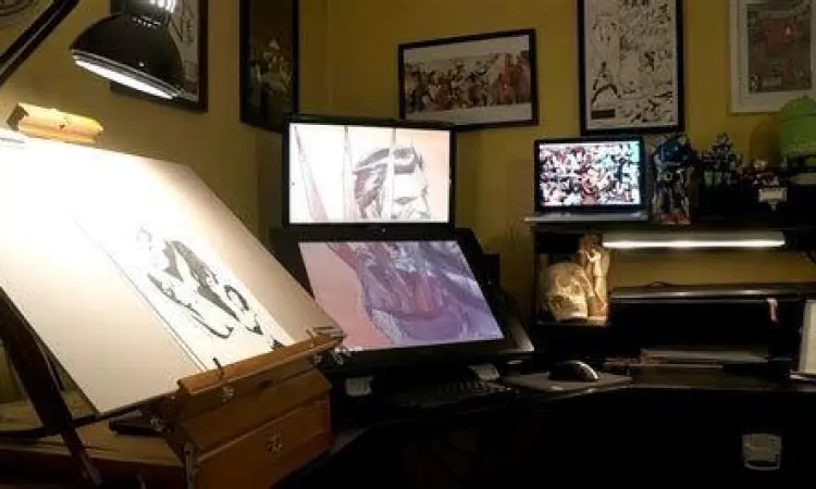 Setup kerja ilustrator digital menggunakan aplikasi menggambar dan pen tablet