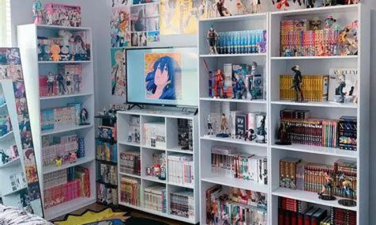 Koleksi buku manga di rak buku