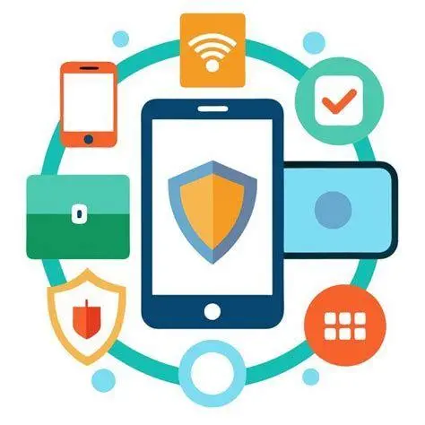 Keamanan Data Digital Ikon perisai keamanan pada smartphone digital