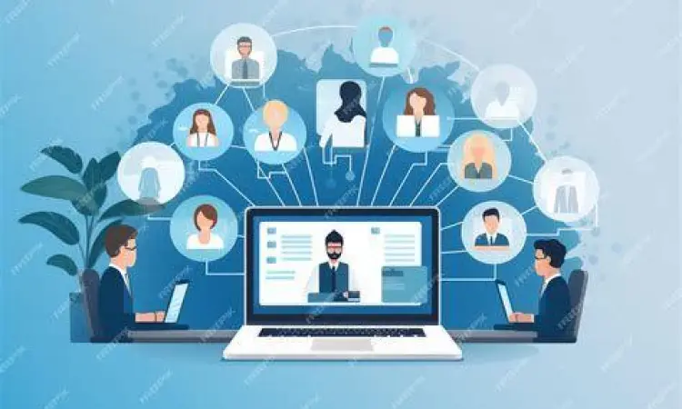 Kolaborasi Tim Jarak Jauh Tim remote berkolaborasi menggunakan alat perkantoran cloud