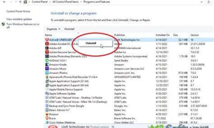 Daftar program di Control Panel Windows