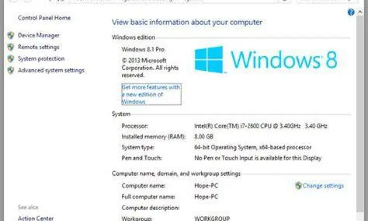 System Properties Windows 8 Informasi spesifikasi sistem Windows 8