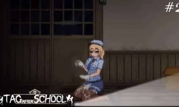 Screenshot gameplay Tag After School yang menunjukkan karakter utama di koridor