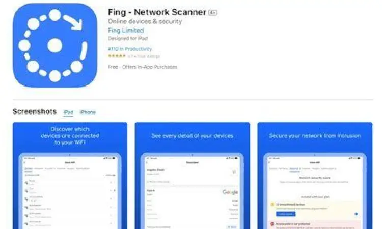 Antarmuka aplikasi Fing untuk mendeteksi perangkat asing