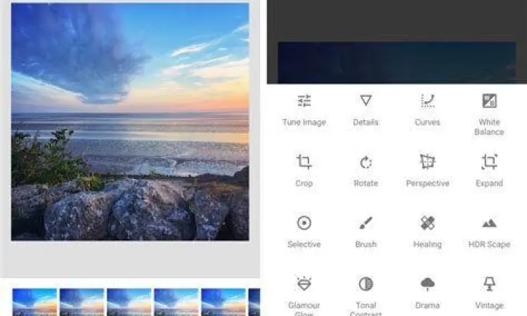 Antarmuka aplikasi Snapseed dengan fitur editing lengkap