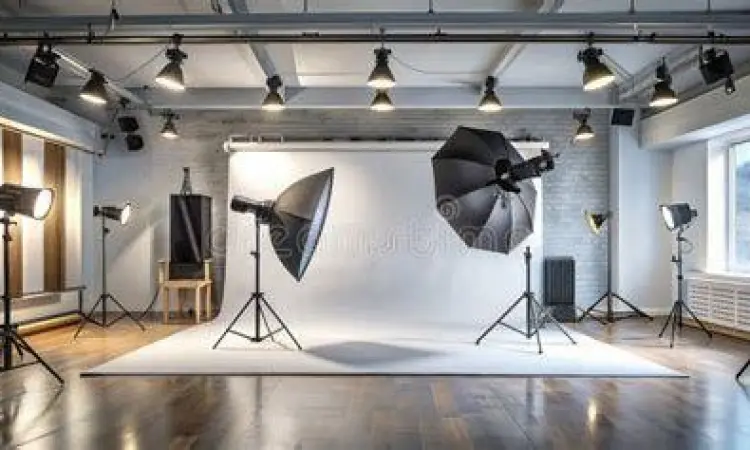 Setup Fotografi Stok Peralatan fotografi profesional untuk memproduksi stok foto berkualitas