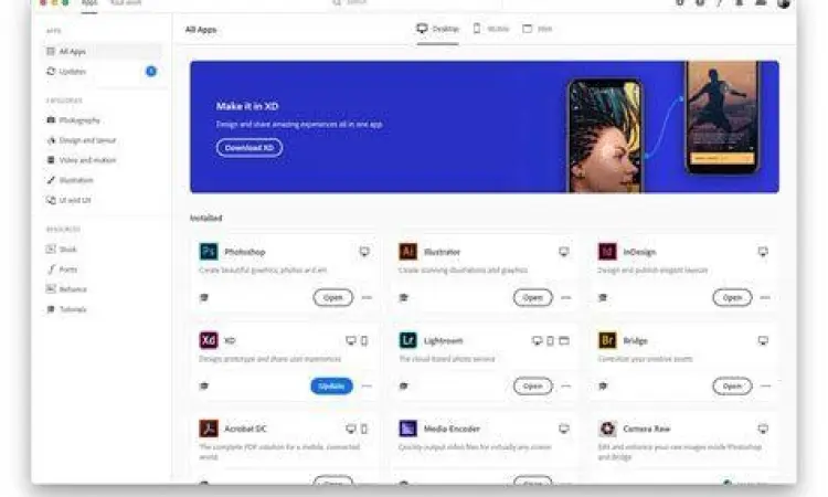 Tampilan aplikasi Adobe Creative Cloud desktop