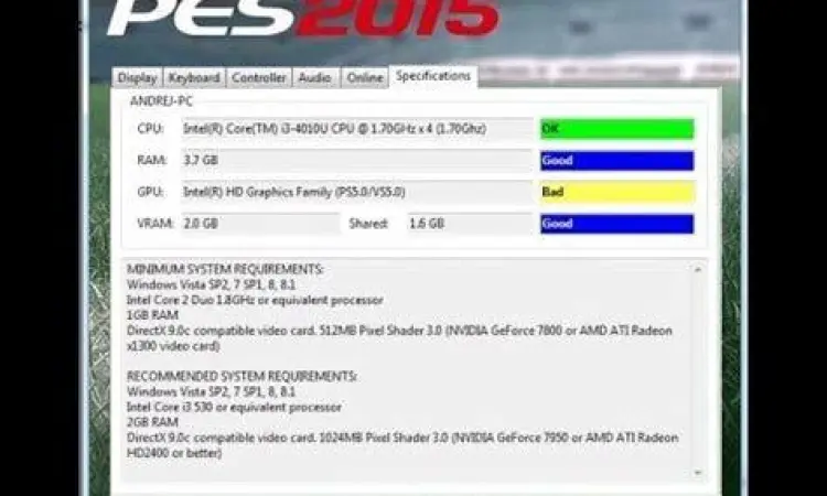 Settings PES 2016 Menu pengaturan sistem dan spesifikasi PES 2016