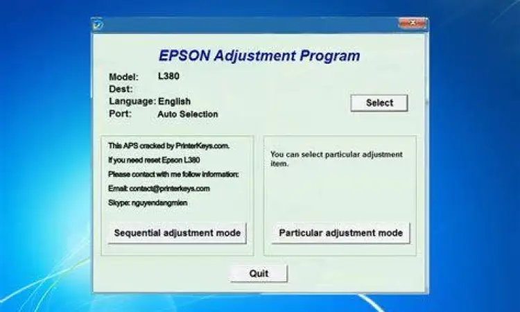 Antarmuka software Epson Adjustment Program untuk reset L360