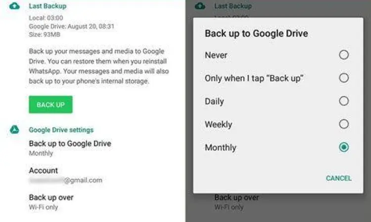 Pengaturan cadangan Google Drive di WhatsApp