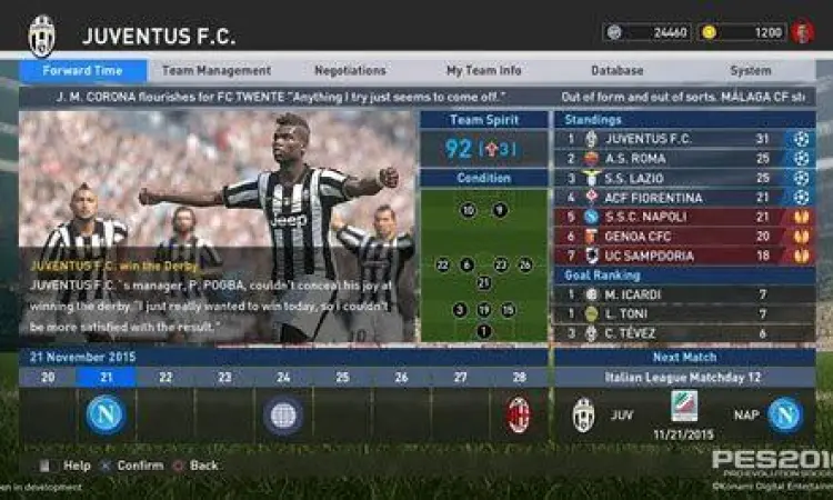 Tampilan antarmuka Master League PES 2016