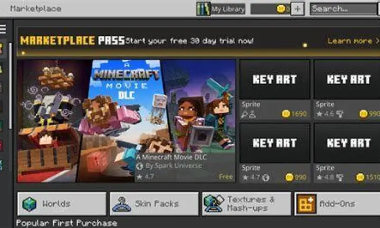 Menu marketplace dalam aplikasi Minecraft