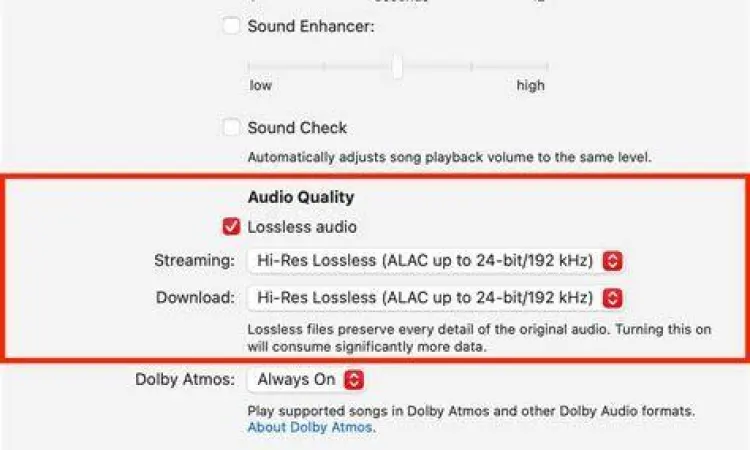 Pengaturan kualitas audio lossless pada Apple Music