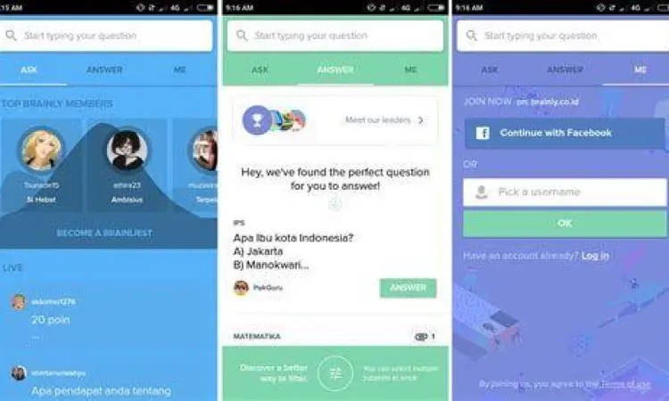 Tampilan antarmuka aplikasi Brainly Indonesia untuk tanya jawab soal