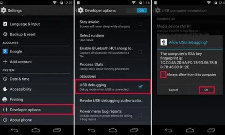 Aktivasi USB Debugging Langkah mengaktifkan USB debugging di menu setelan Android