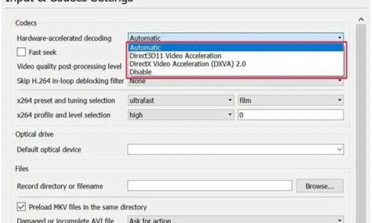 Pengaturan codec di VLC Media Player