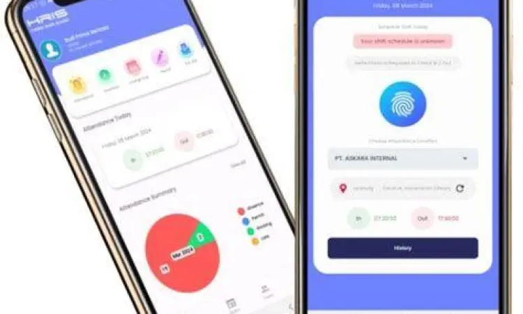 Aplikasi HRIS Mobile Antarmuka aplikasi HRIS mobile untuk absensi karyawan