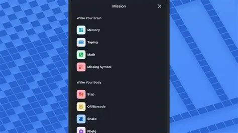 Fitur Misi Alarmy Tampilan fitur misi di aplikasi Alarmy