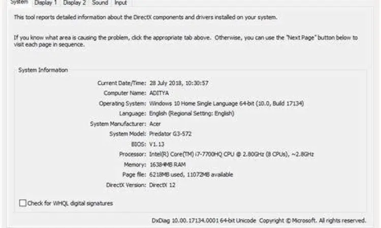 Pengecekan versi DirectX melalui dxdiag