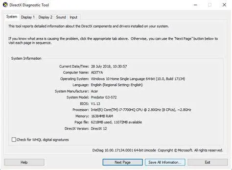 Antarmuka Dxdiag Pengecekan versi DirectX melalui dxdiag
