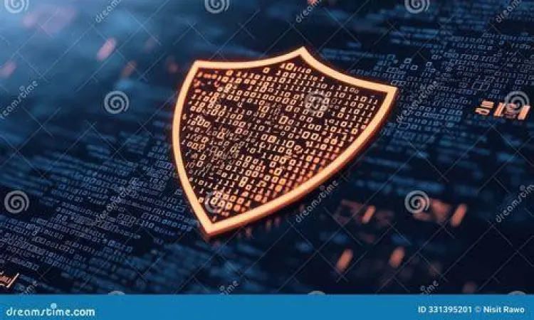 Enkripsi dan Proteksi Data Digital Visualisasi kode biner dan perisai perlindungan data