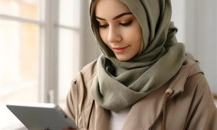 Belajar Quran Digital Wanita Muslim menggunakan tablet untuk belajar Quran