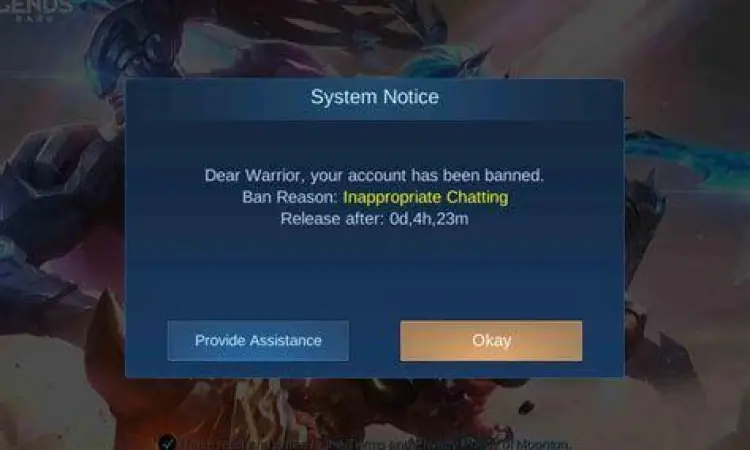 Notifikasi banned pada layar Mobile Legends