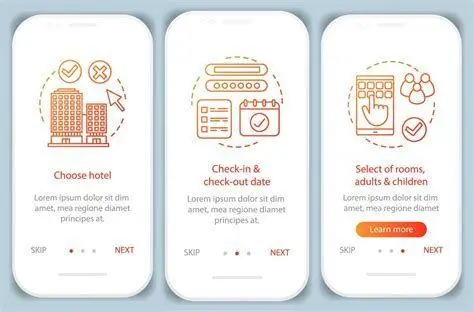 Antarmuka Aplikasi Akomodasi Tampilan antarmuka aplikasi pemesanan hotel di smartphone