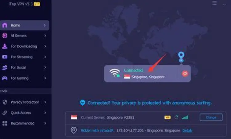 Koneksi VPN Singapura Antarmuka aplikasi VPN dengan server Singapura